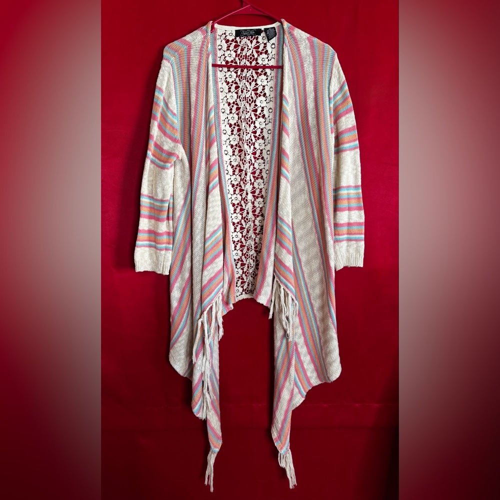 Crystal-Kobe Striped Multicolor w/Crochet Lace Detail Cardigan Size Small